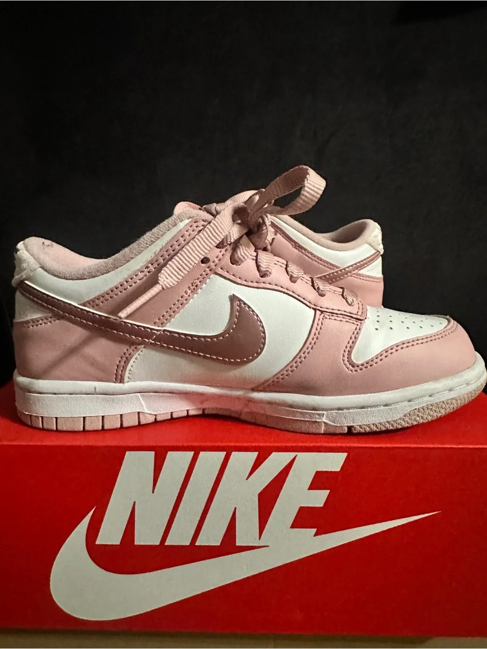 Nike Kids Pink and White Low-Top Sneakers with Metallic Swoosh
